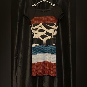 Express Mixed-Print Short Sleeve Belted Mini Dress in Black, White, Red & Blue